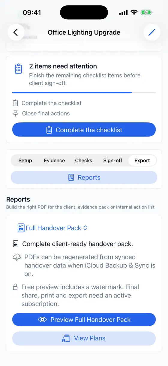 Contractor Handover Pro generated PDF preview on iPhone