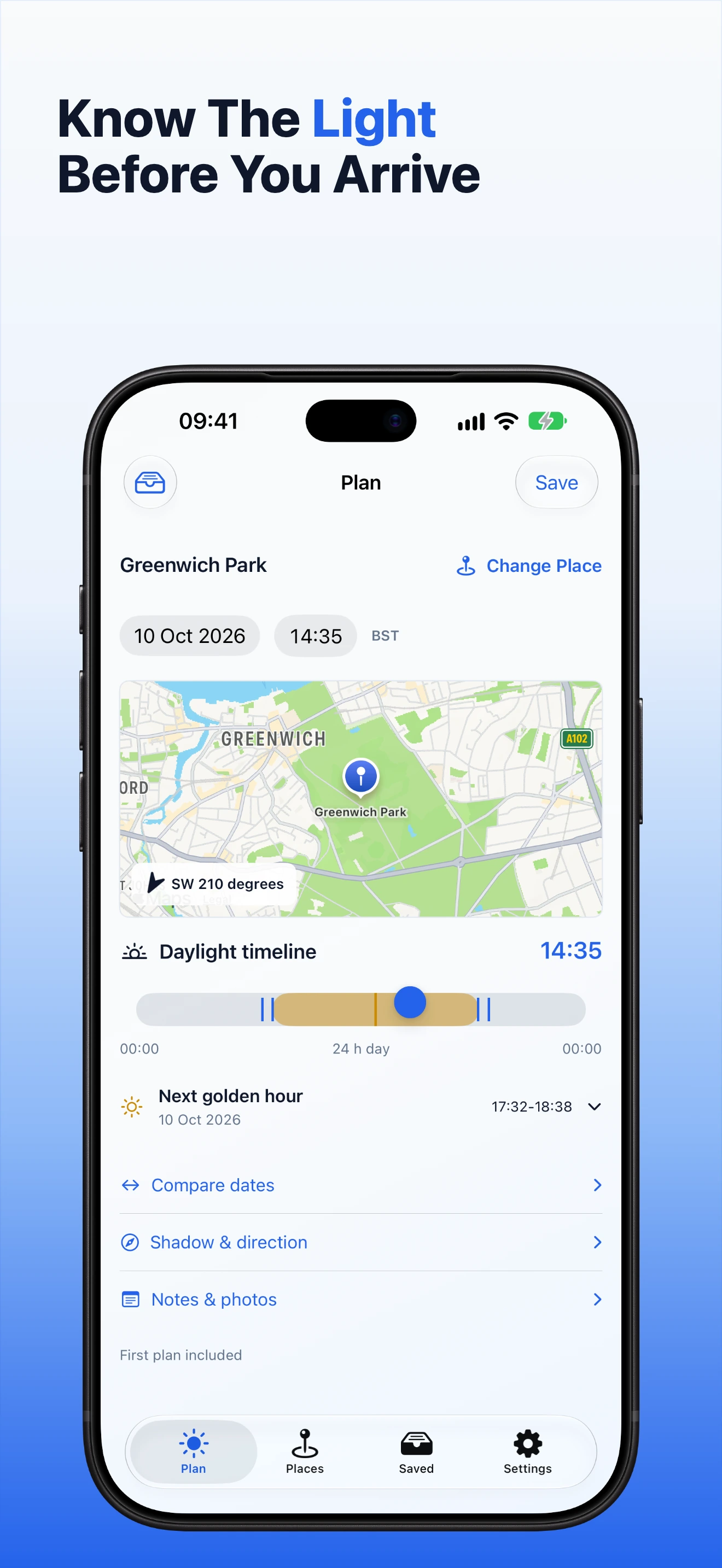 GoldenPlan plan screen with daylight timeline and sun direction