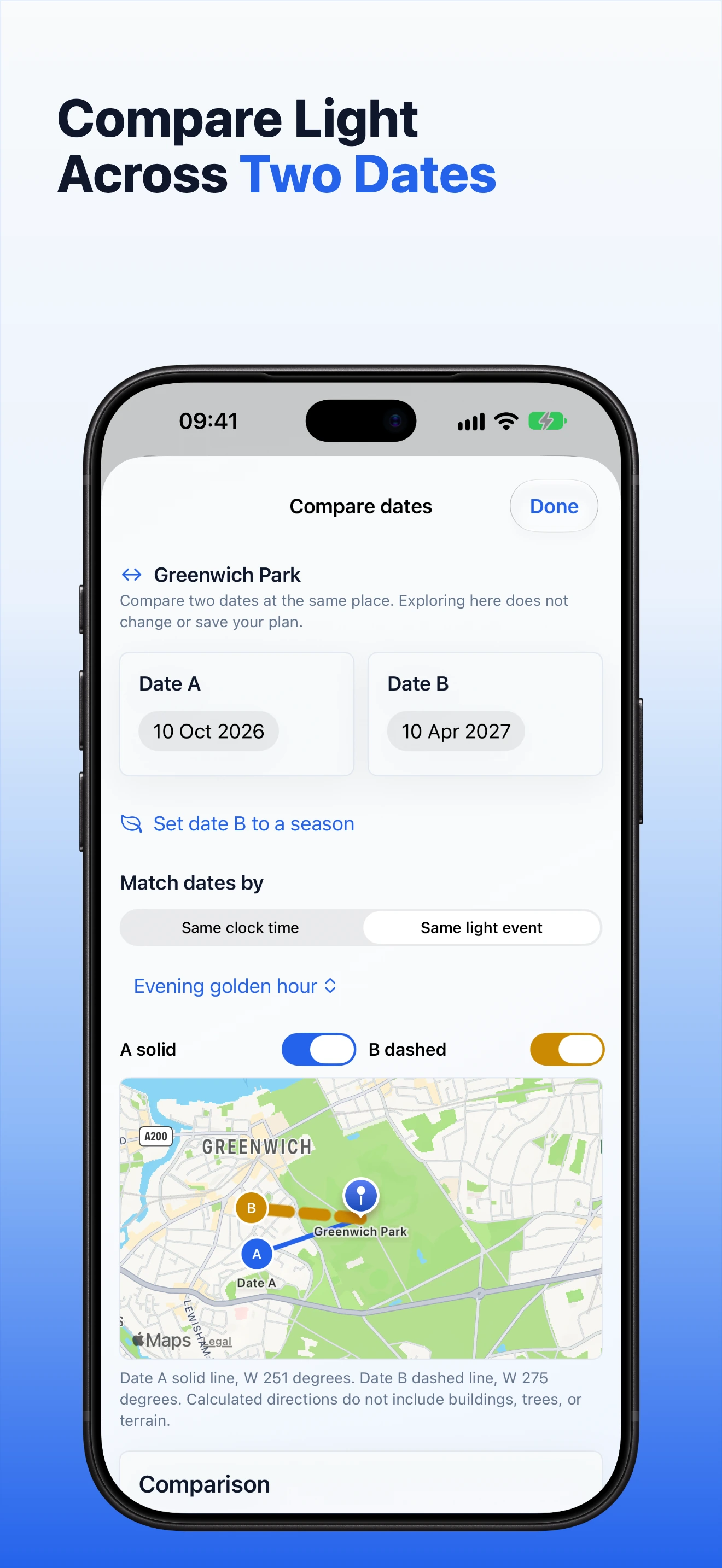 GoldenPlan date comparison screen
