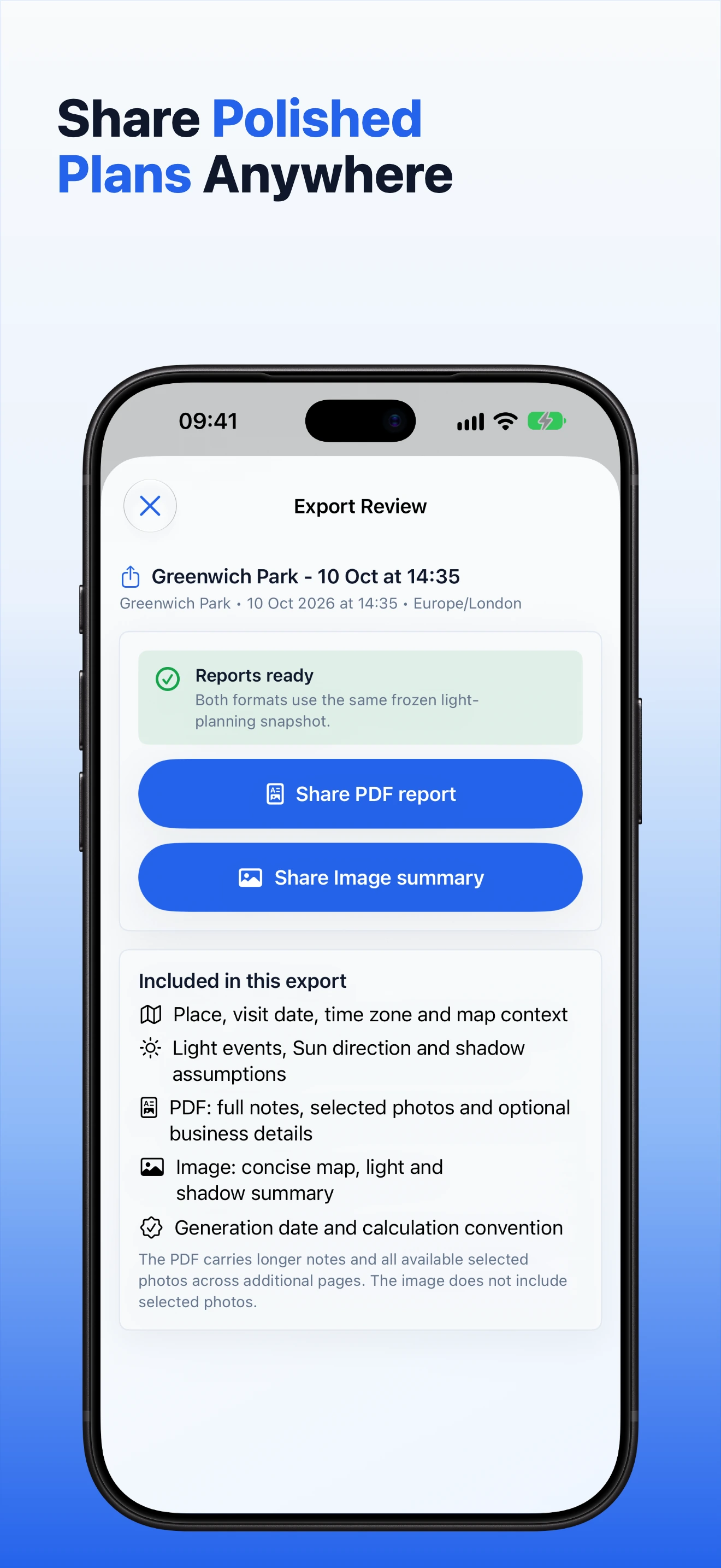 GoldenPlan export review screen