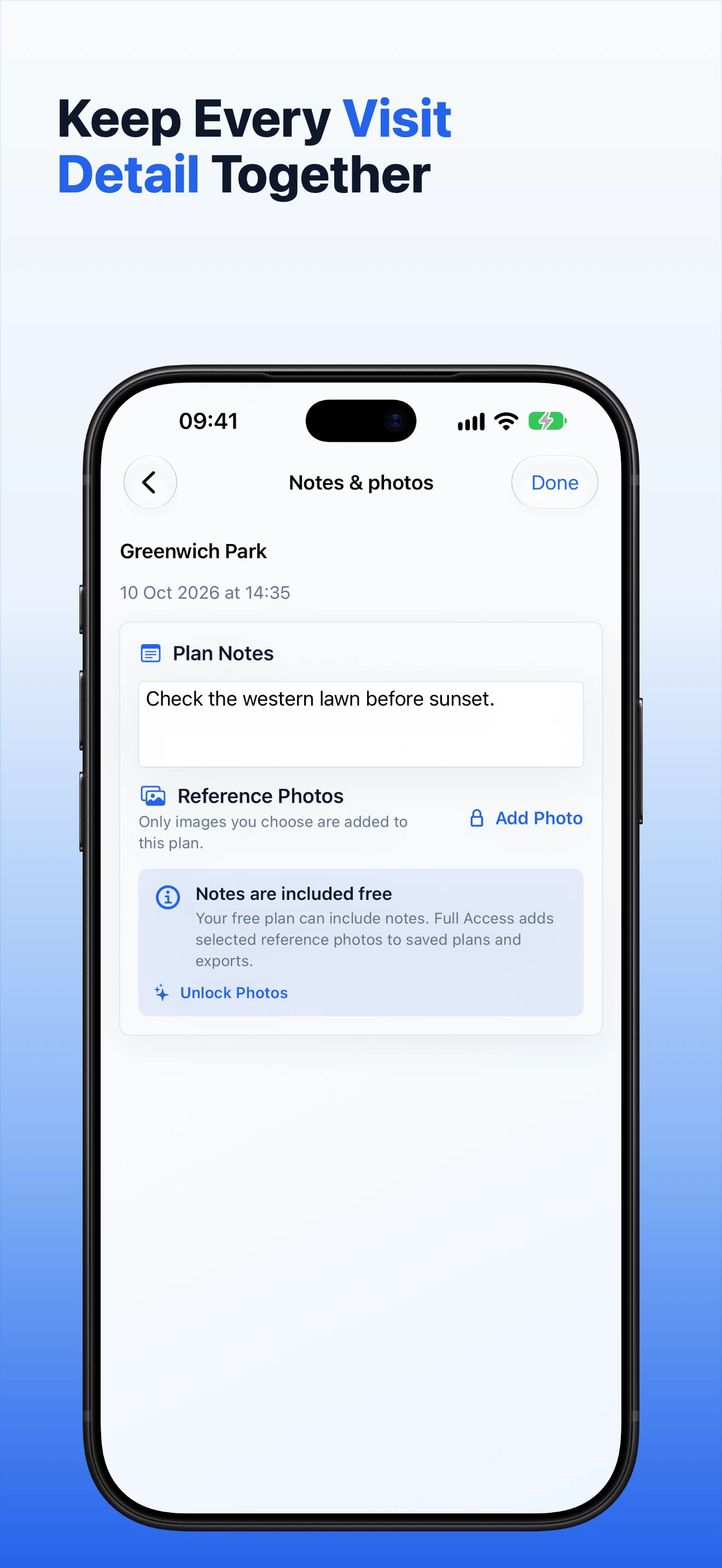 GoldenPlan notes and selected photos screen
