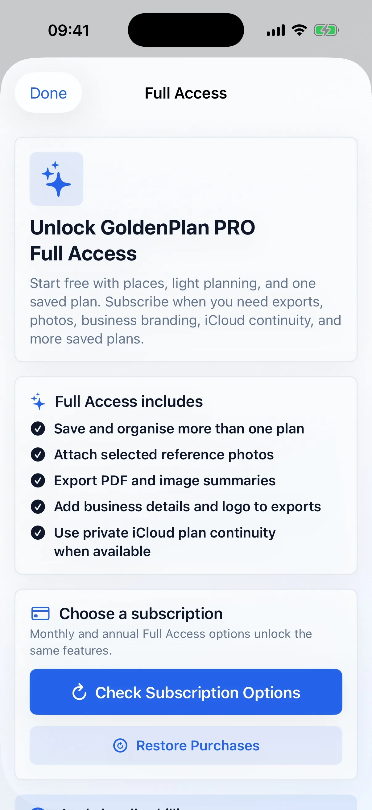 GoldenPlan PRO Full Access subscription sheet without visible prices