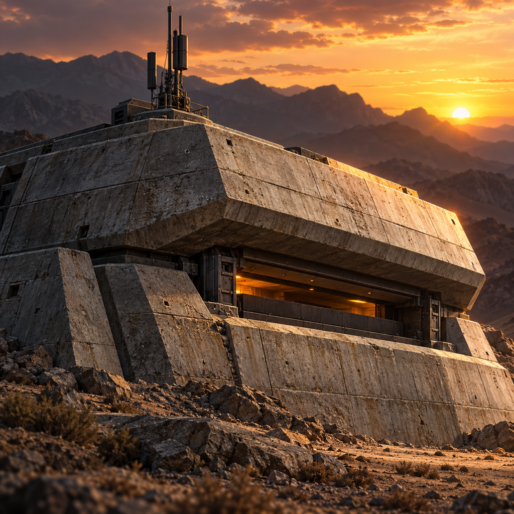 Iron Meridian concrete command bunker at sunset
