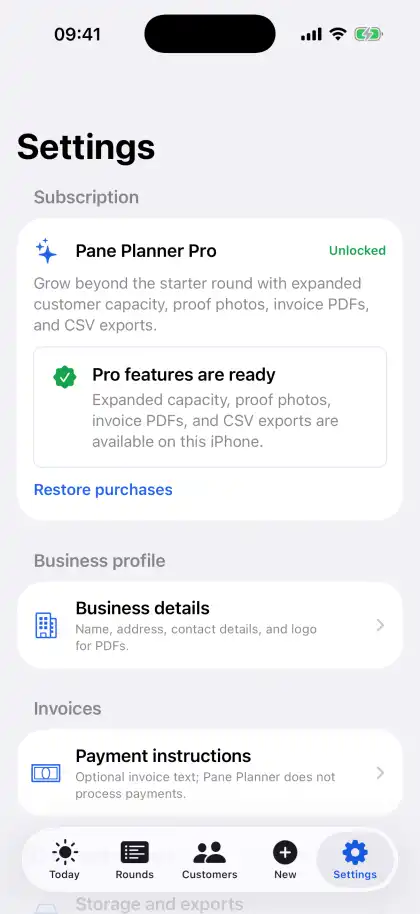 Pane Planner Settings screen showing Pro status, restore purchases, business details, payment instructions and support links