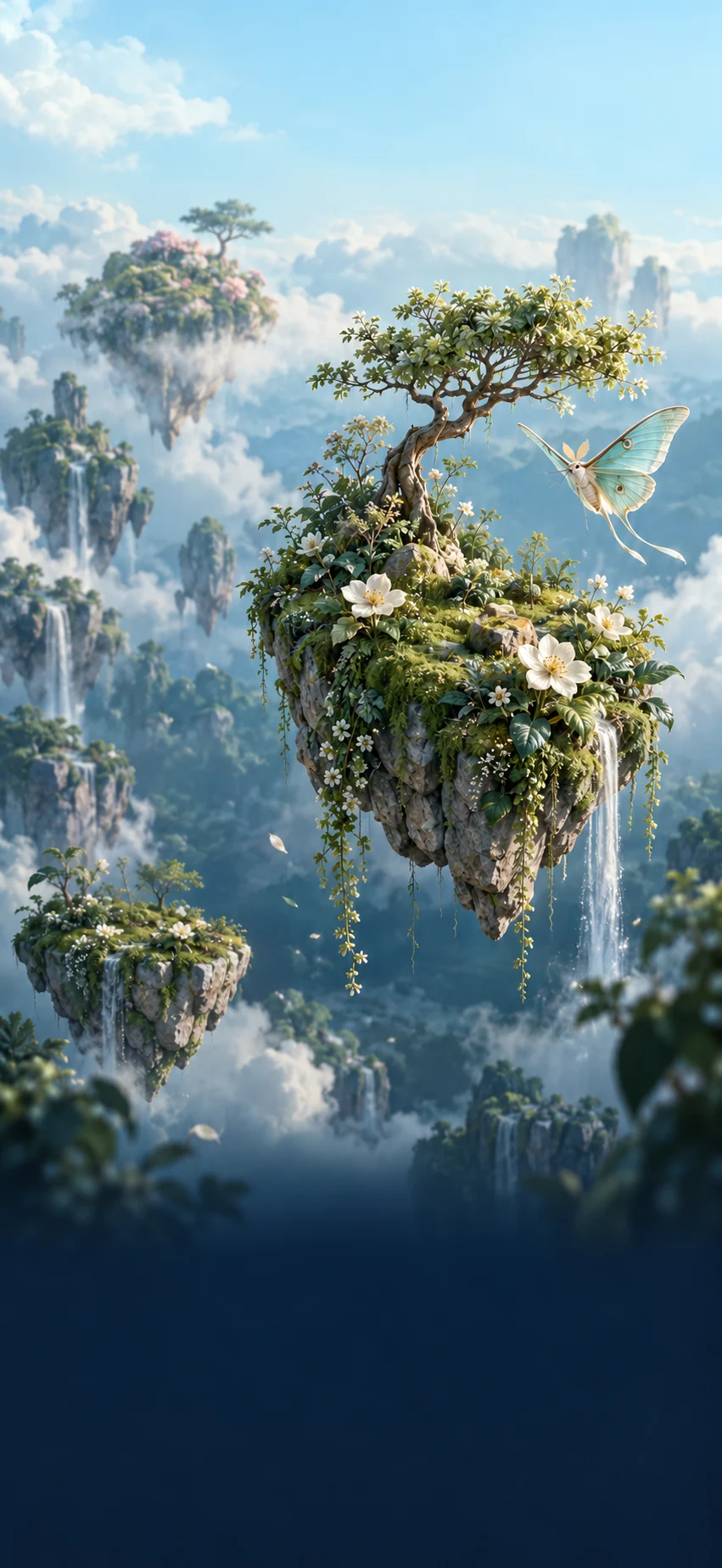 Silkborne artwork: a moth beside a flowering garden floating above the clouds