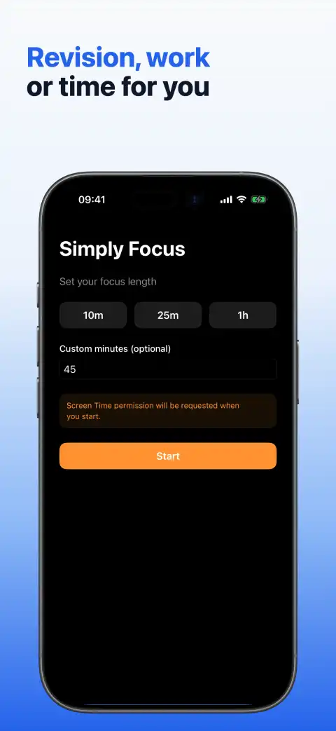 Simply Focus custom-duration setup for a 45-minute focus session