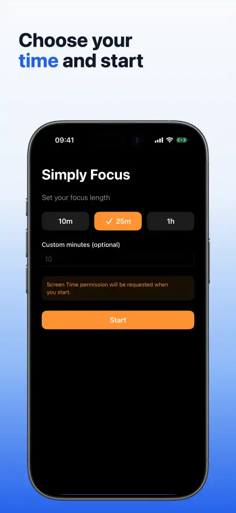 Simply Focus with the 25-minute preset selected and the start action available