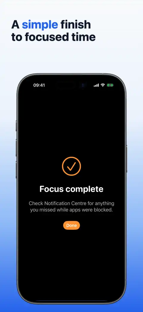 Simply Focus completion screen after a finished focus block