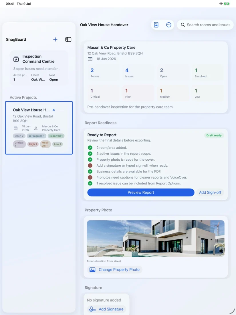 SnagBoard iPad project detail screen showing rooms, issue summaries, and inspection workflow.