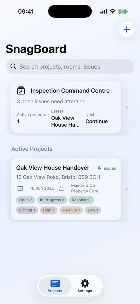 SnagBoard on iPhone showing project list and inspection data