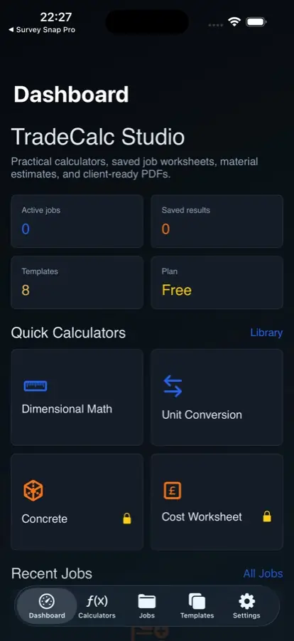 TradeCalc Studio dashboard on iPhone